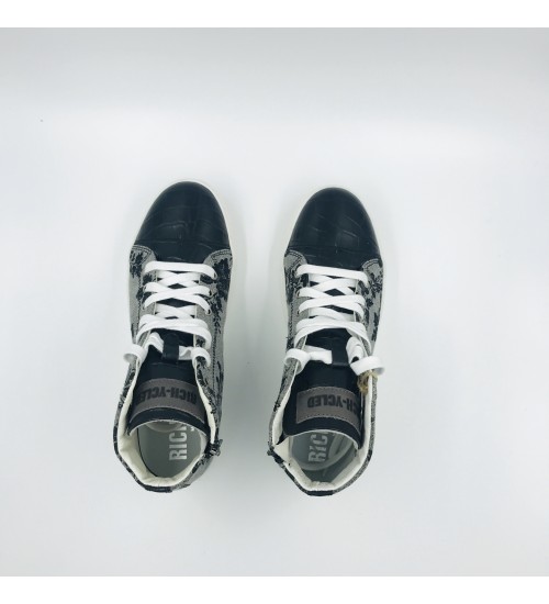 Handmade shoes Grey Damascati and Black coco leather